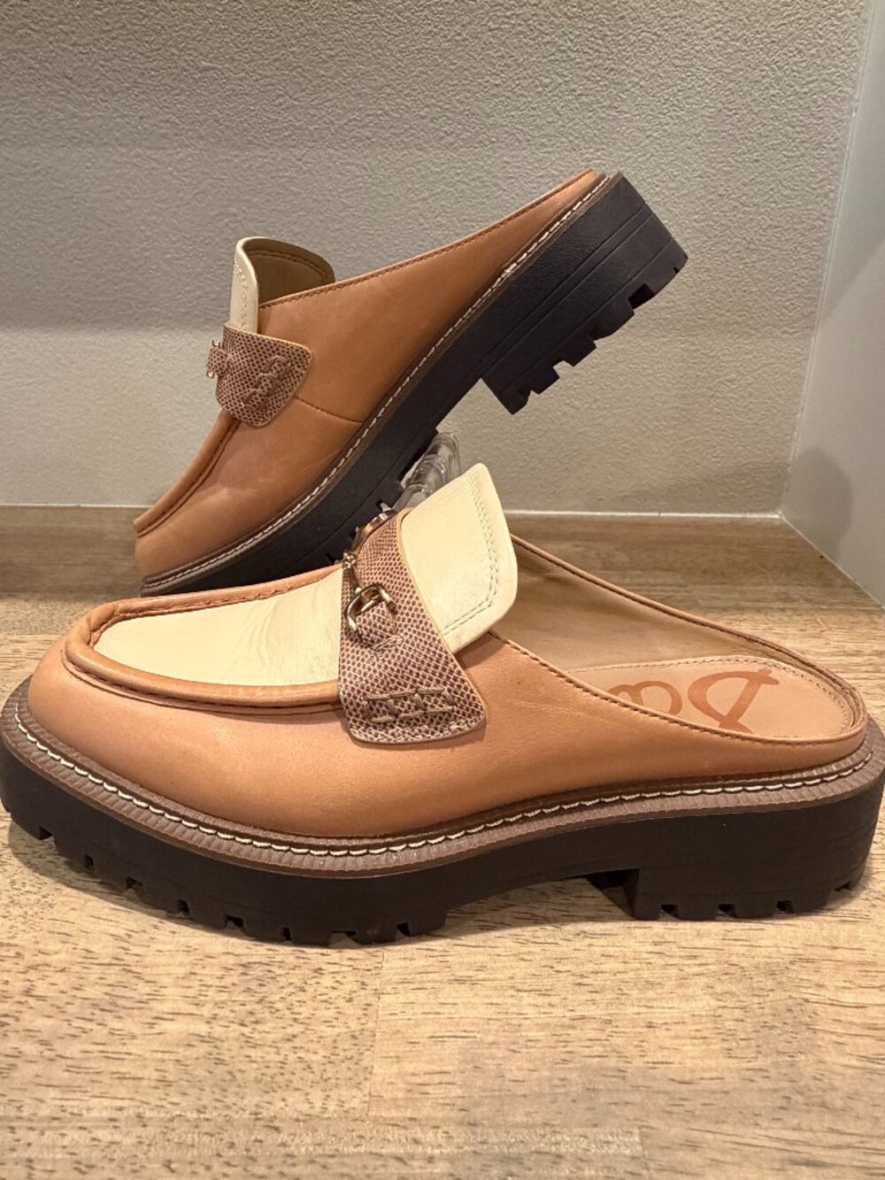 Sam Edelman Lennon Tan Brown Leather Bit Platform Mules Clogs Size 9